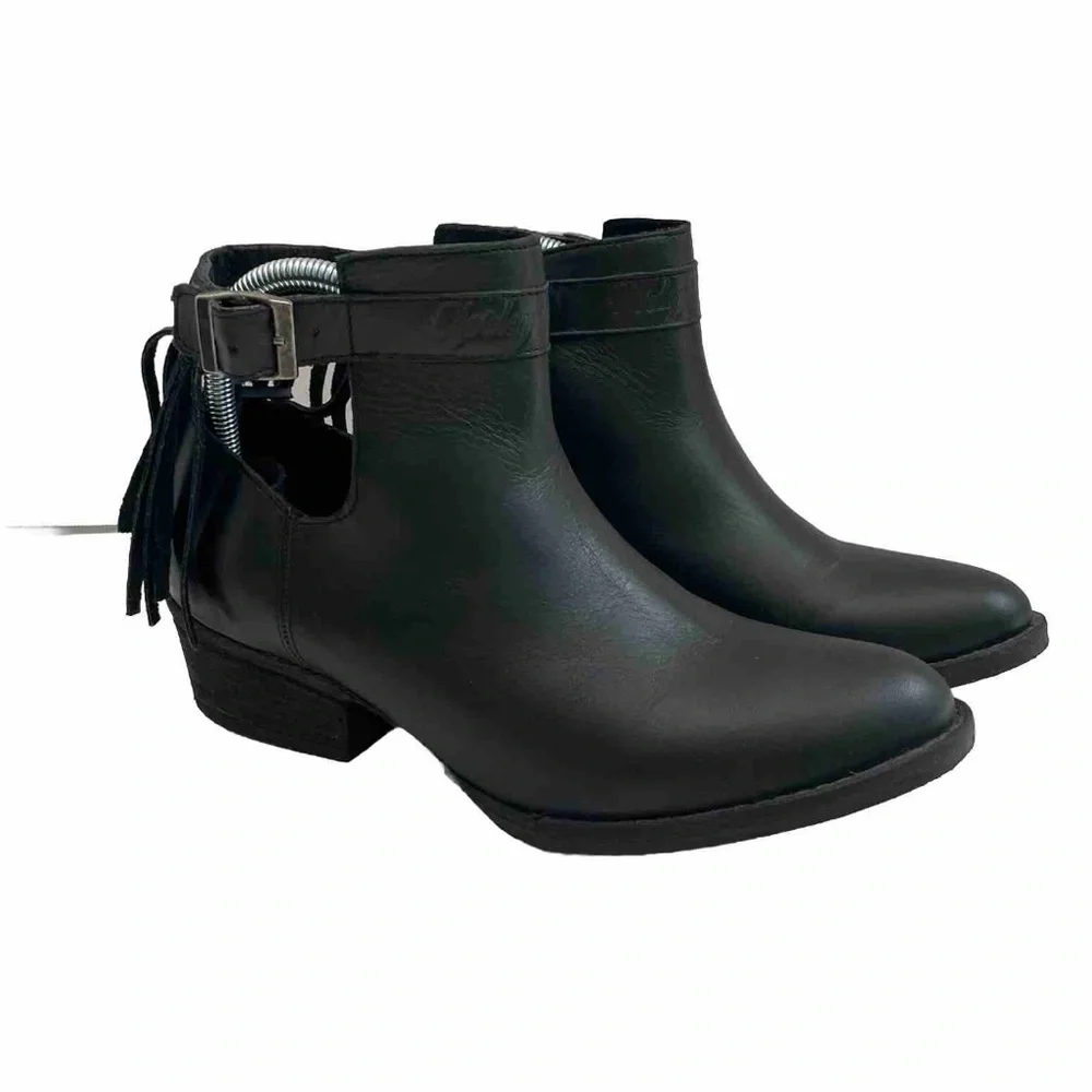 Harley Davidson Boots Amory Heeled Leather Ankle Fringe Buckle Braided Black - Picture 1 of 16